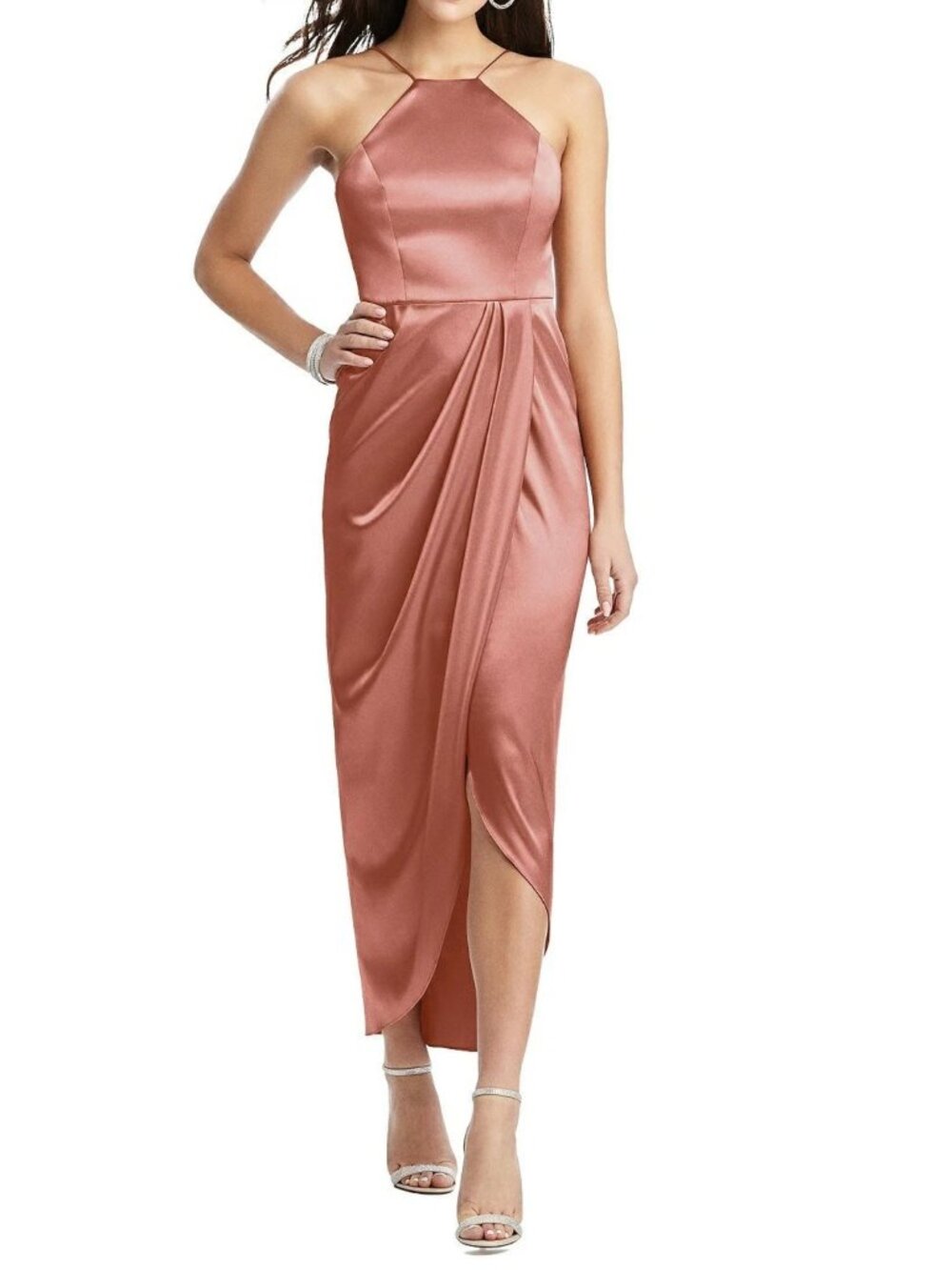 After Six Desert Rose Halter Midi Dress Satin Tulip Skirt Bridesmaid-NWT